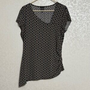 Suzie in the City Black Top Circle Print‎ Asymmetrical Hem Short Sleeve XL